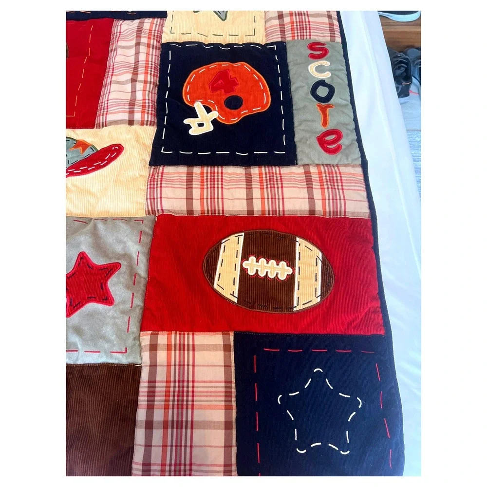 Kids Sports Patchwork Quilt Corduroy Plaid ‎ Blanket, Baseball, Football ,Soccer